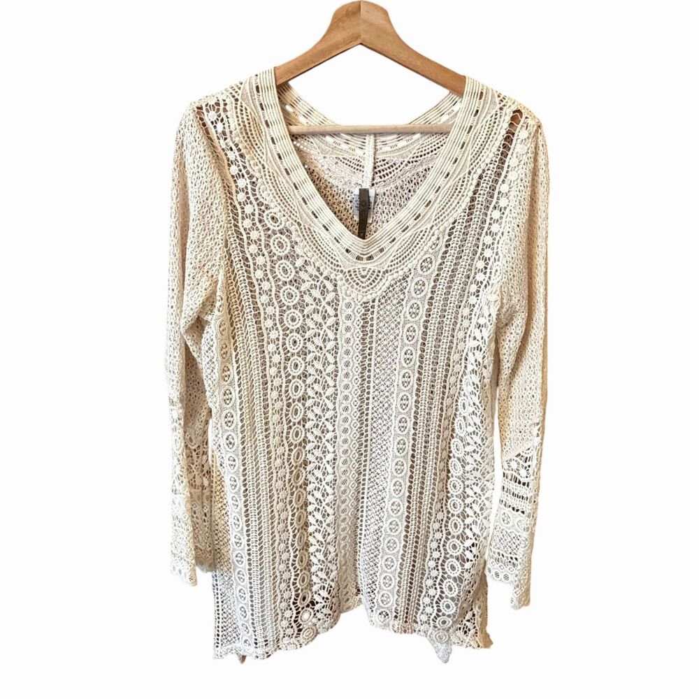 XCVI Womens Boho Cottage Crochet Lace Tunic Top Size M Festival Beachy Feminine